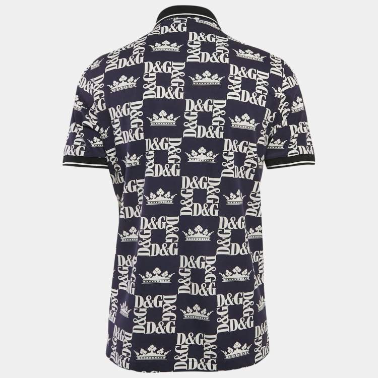 Pre Owned Dolce & Gabbana Navy Blue D&G Print Cotton Polo T-Shirt L