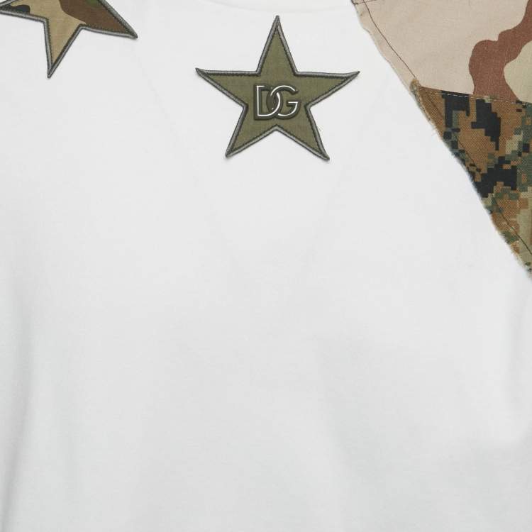 Pre Owned Dolce & Gabbana White Cotton Knit Camouflage Panelled T-Shirt M