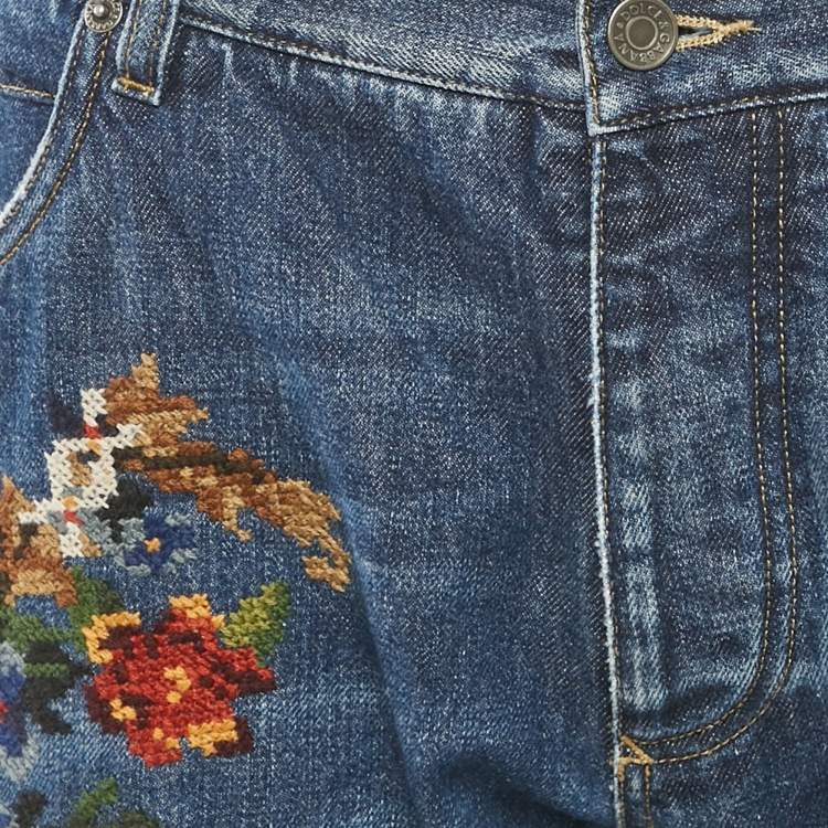Pre Owned Dolce & Gabbana Blue Floral-Embroidered Denim 16 Classic Jeans XXL Waist 36"
