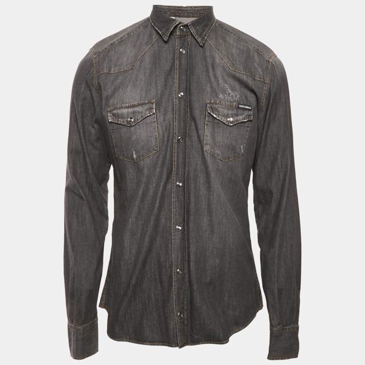 Pre Owned Dolce & Gabbana Black Distressed Denim Button Front Shirt L
