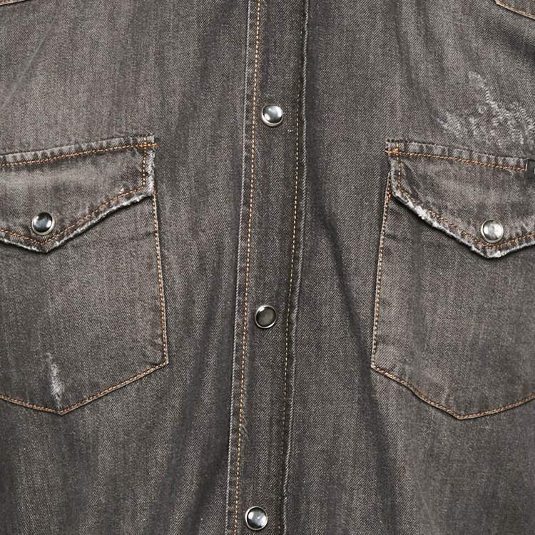 Pre Owned Dolce & Gabbana Black Distressed Denim Button Front Shirt L