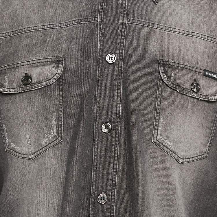 Pre Owned Dolce & Gabbana Grey Distressed Denim Long Sleeve Shirt L