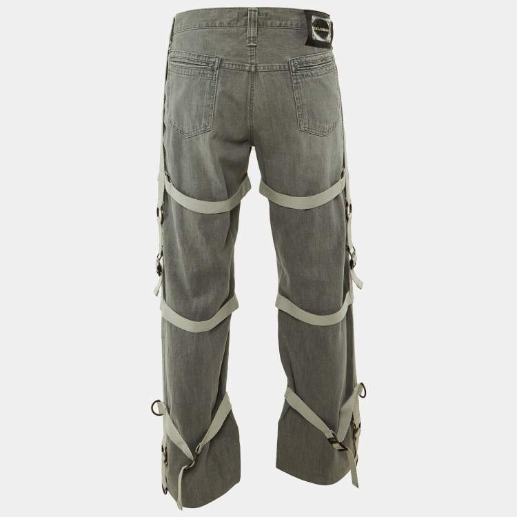 Pre Owned Dolce & Gabbana Grey Denim Straight Leg Bondage Jeans L Waist 36"