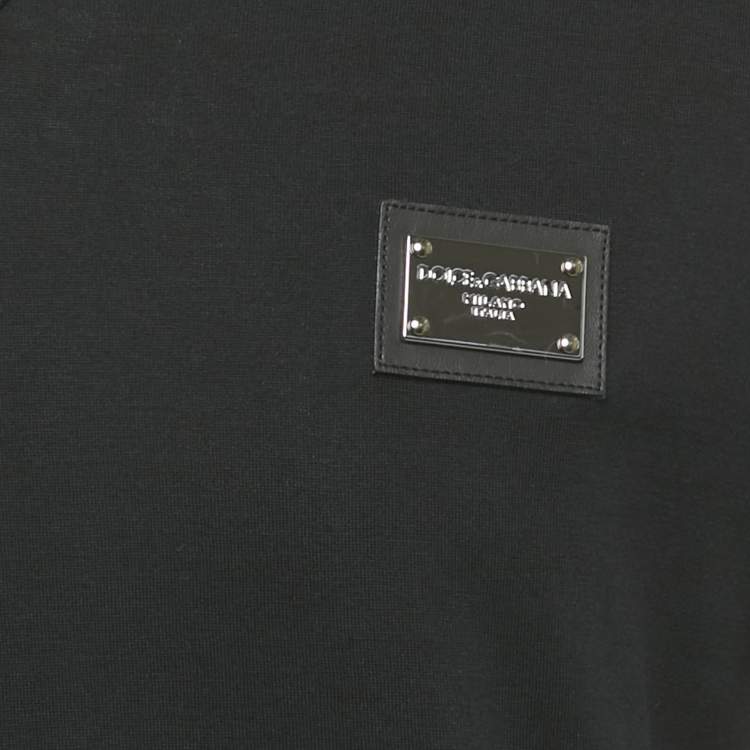Pre Owned Dolce & Gabbana Black Cotton Logo Plaque Detail V-Neck T-Shirt M
