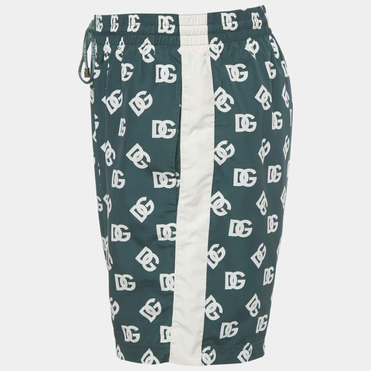 Pre Owned Dolce & Gabbana Green Logo Print Synthetic Swim Shorts L