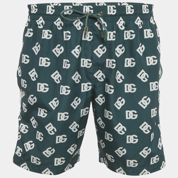 Pre Owned Dolce & Gabbana Green Logo Print Synthetic Swim Shorts L