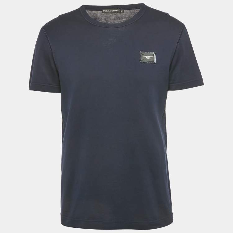 Pre Owned Dolce & Gabbana Navy Blue Logo Plaque Detail Cotton Crew Neck T-Shirt M