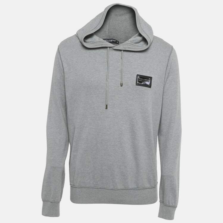 Pre Owned Dolce & Gabbana Grey Cotton Logo Plaque Detail Hoodie L