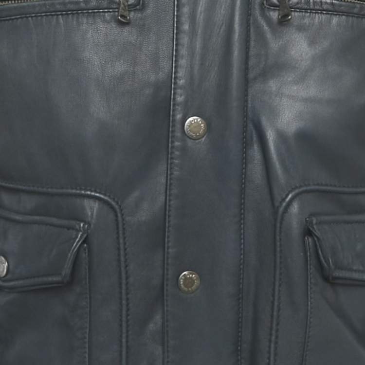 Pre Owned Dolce & Gabbana Navy Blue Applique Detail Leather Hooded Jacket L