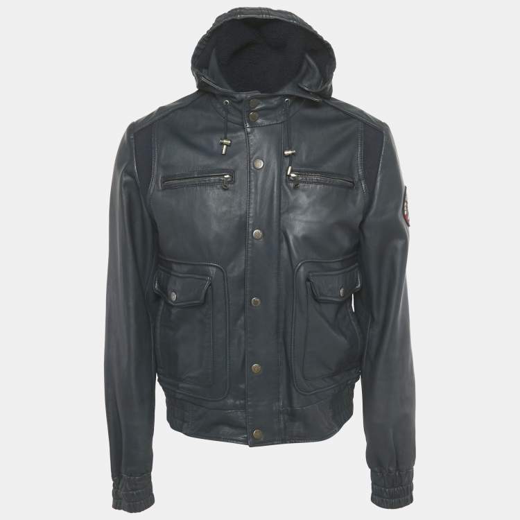 Pre Owned Dolce & Gabbana Navy Blue Applique Detail Leather Hooded Jacket L