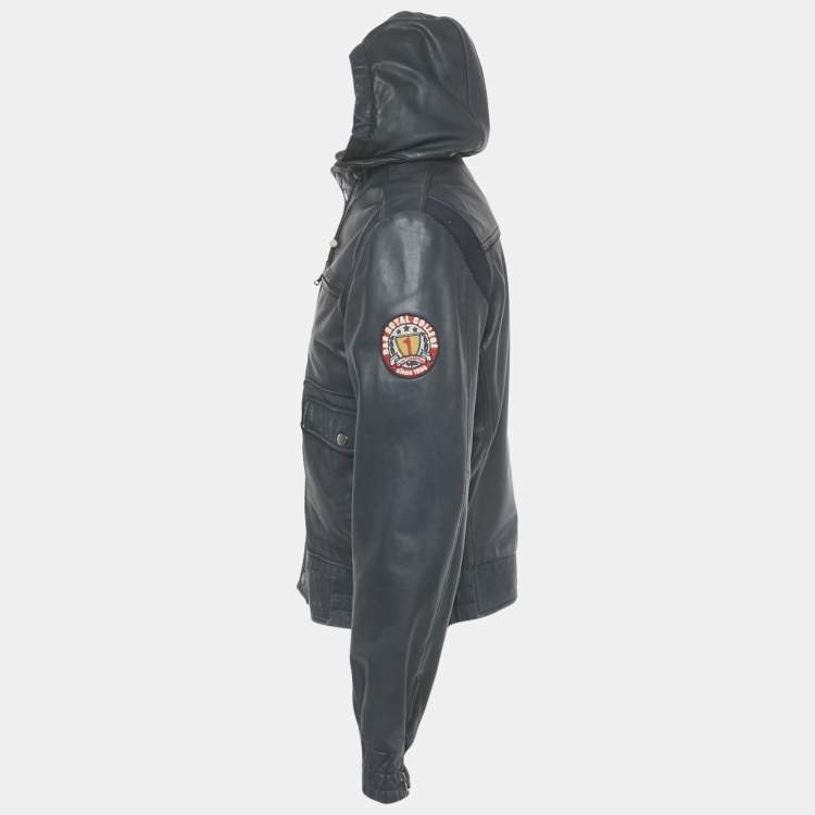 Pre Owned Dolce & Gabbana Navy Blue Applique Detail Leather Hooded Jacket L