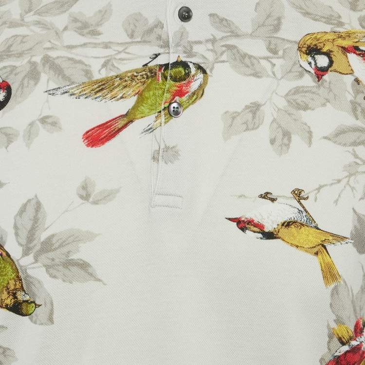 Pre Owned Dolce & Gabbana Light Grey Bird Print Cotton Pique Polo T-Shirt M