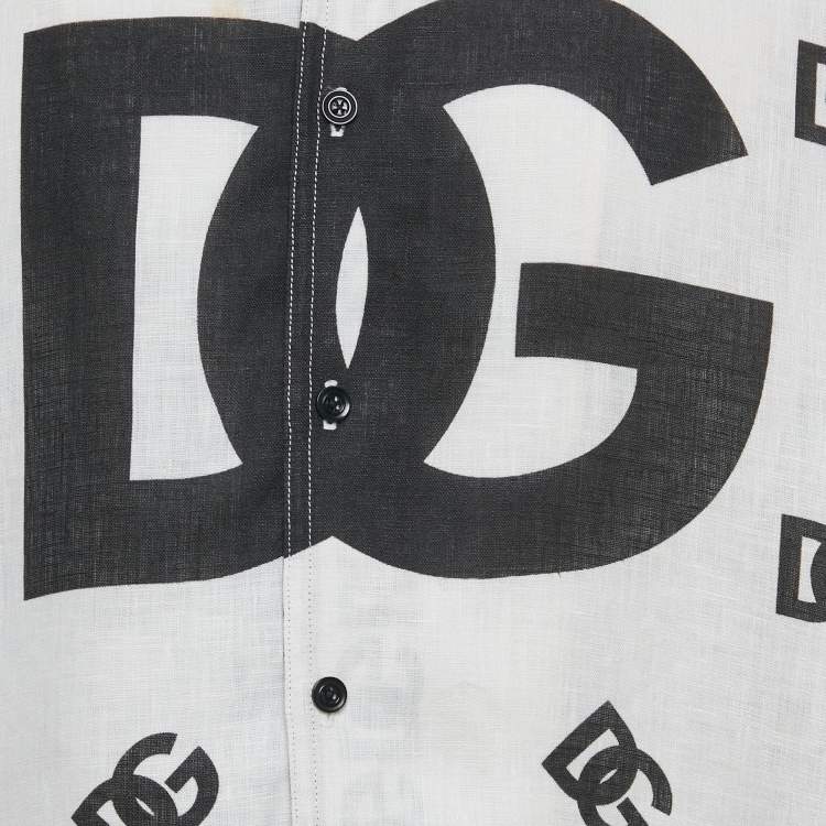 Pre Owned Dolce & Gabbana Off White Logo Print Linen Long Sleeve Shirt XS 