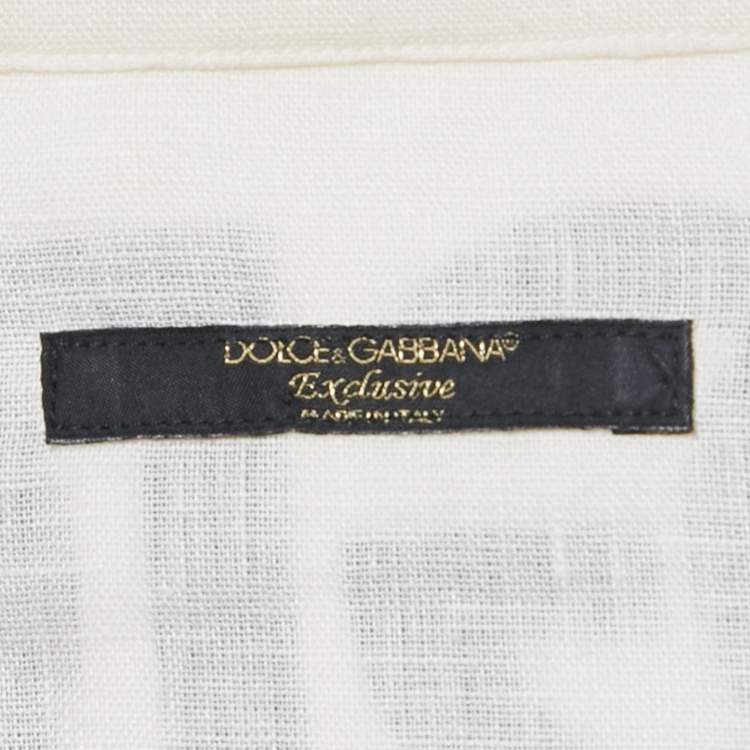 Pre Owned Dolce & Gabbana Off White Logo Print Linen Long Sleeve Shirt XS 