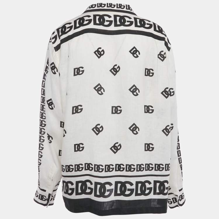Pre Owned Dolce & Gabbana Off White Logo Print Linen Long Sleeve Shirt XS 