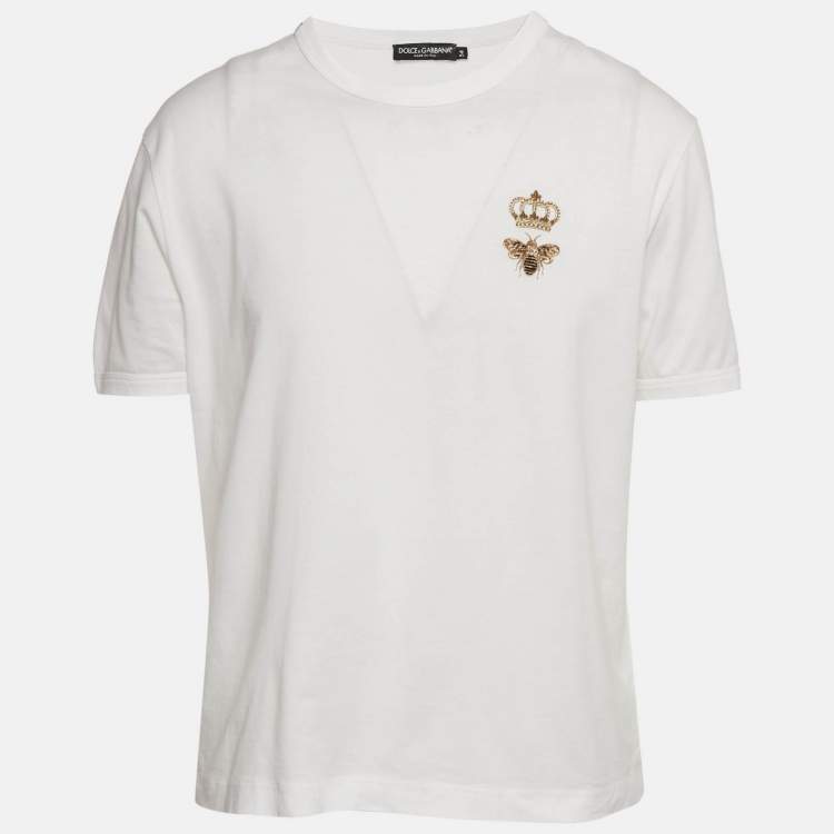Pre Owned Dolce & Gabbana White Bee Embroidered Jersey T-Shirt XXL