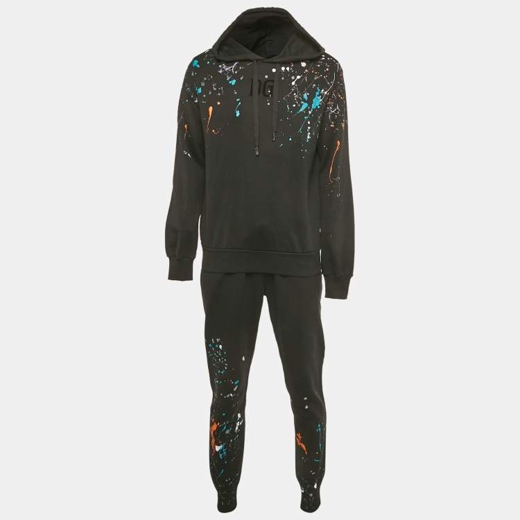 Pre Owned Dolce & Gabbana Black Color Drip Print Cotton Jogger Set M