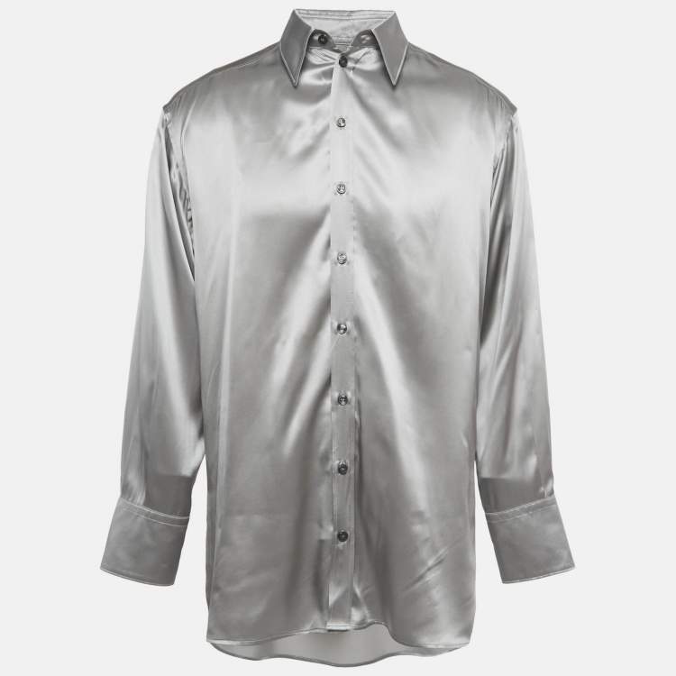 Pre Owned Dolce & Gabbana Metallic Grey Satin Silk Button Front Long Shirt M