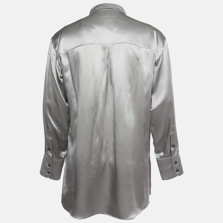 Pre Owned Dolce & Gabbana Metallic Grey Satin Silk Button Front Long Shirt M