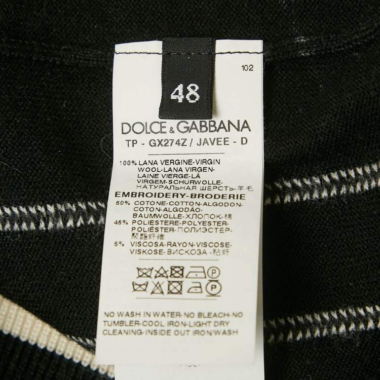 Pre Owned Dolce & Gabbana Black and White Striped Wool Knit The King Patch Detail Sweater M