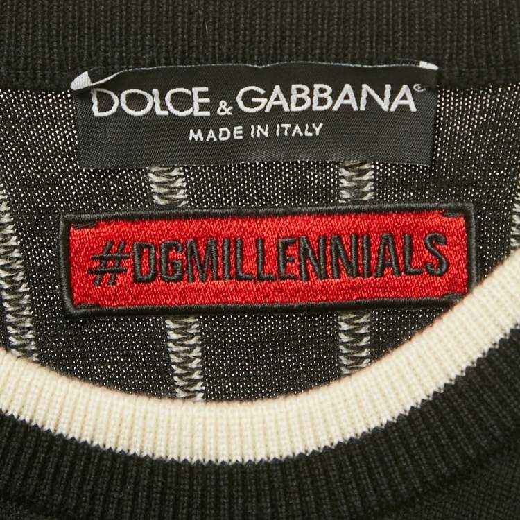 Pre Owned Dolce & Gabbana Black and White Striped Wool Knit The King Patch Detail Sweater M