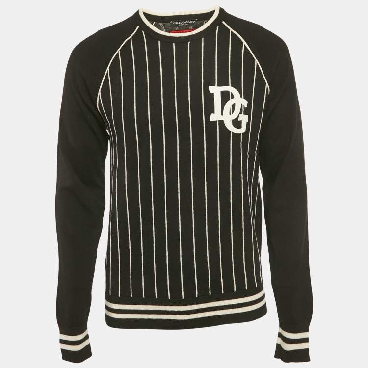 Pre Owned Dolce & Gabbana Black and White Striped Wool Knit The King Patch Detail Sweater M