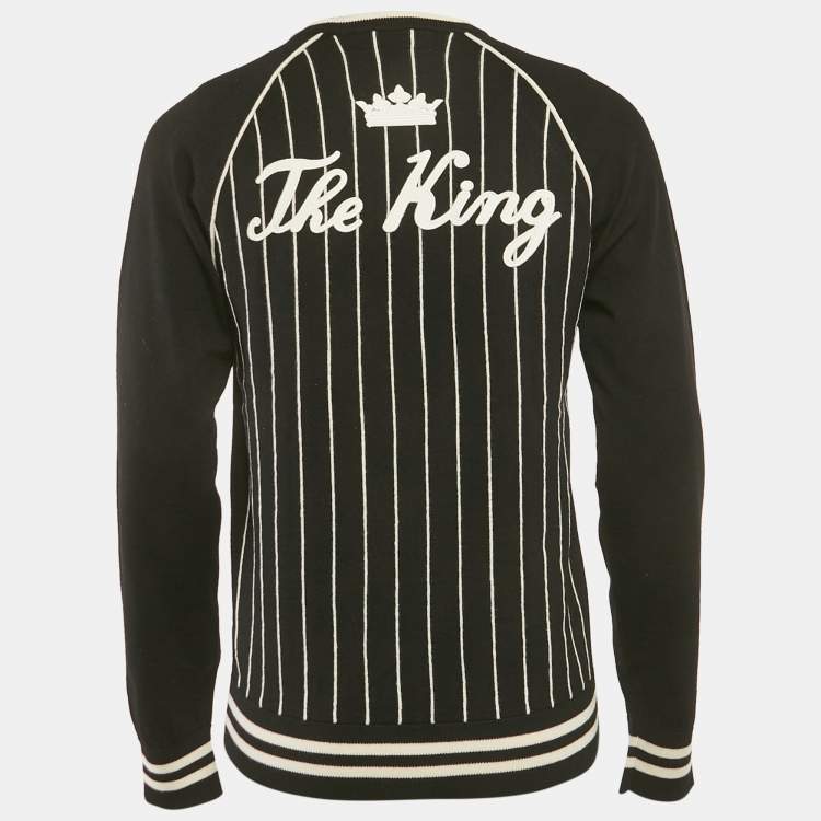 Pre Owned Dolce & Gabbana Black and White Striped Wool Knit The King Patch Detail Sweater M