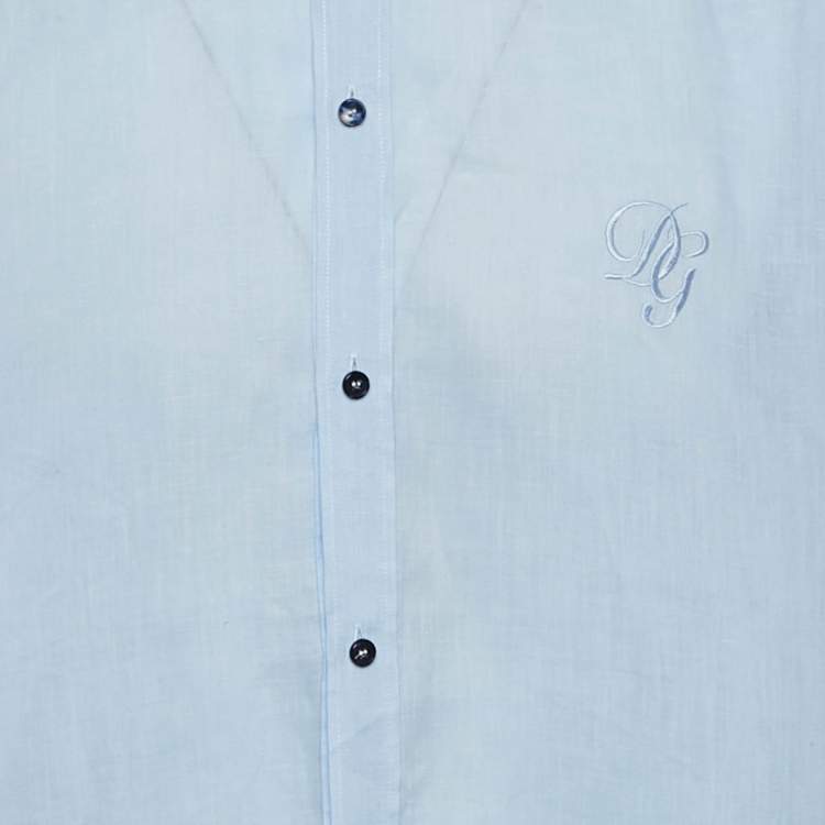 Pre Owned Dolce & Gabbana Blue Linen Logo Embroidered Shirt XXL