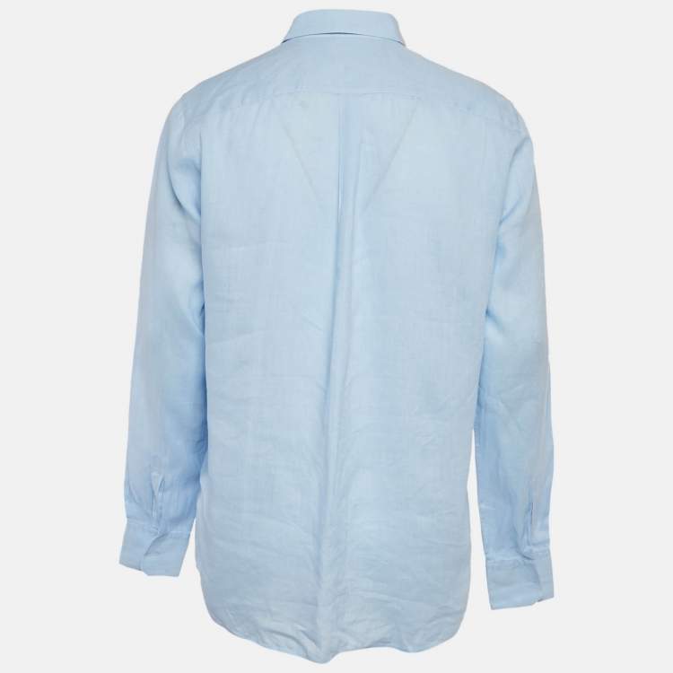 Pre Owned Dolce & Gabbana Blue Linen Logo Embroidered Shirt XXL
