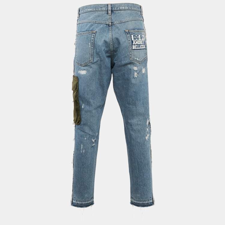 Pre Owned Dolce & Gabbana Blue Denim Distressed Cropped Jeans M/Waist 34"