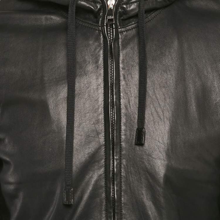 Pre Owned Dolce & Gabbana Black Leather Hooded Zip Up Bomber Jacket XL