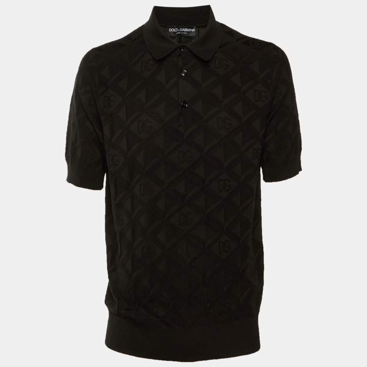 Pre Owned Dolce & Gabbana Black DG Geometric Pattern Silk Knit Polo T-Shirt M