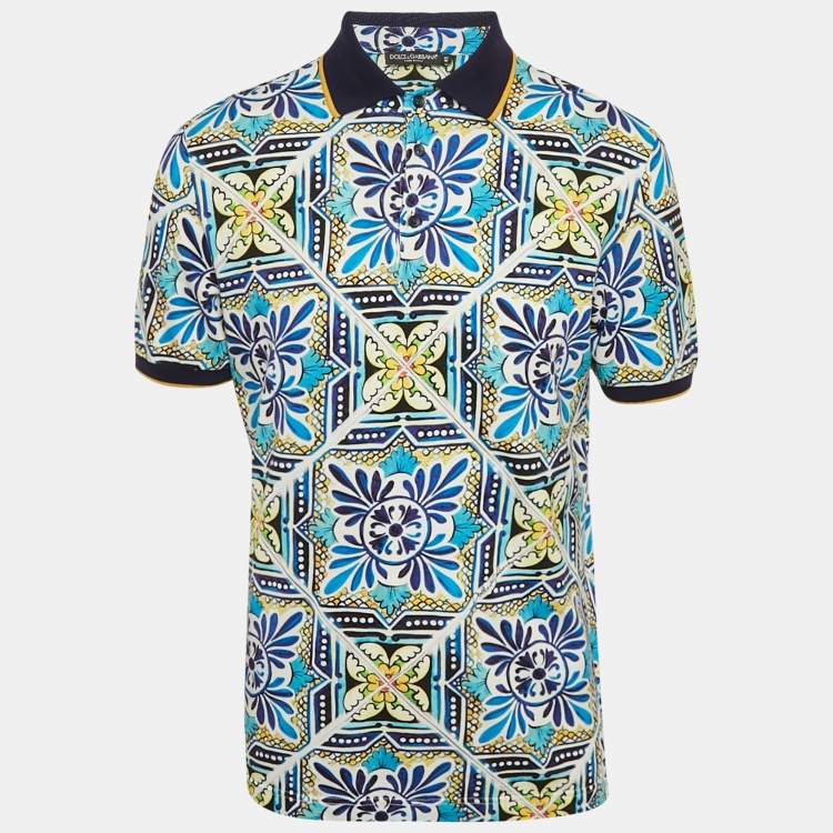 Pre Owned Dolce & Gabbana Blue Majolica Print Pique Polo T-Shirt M