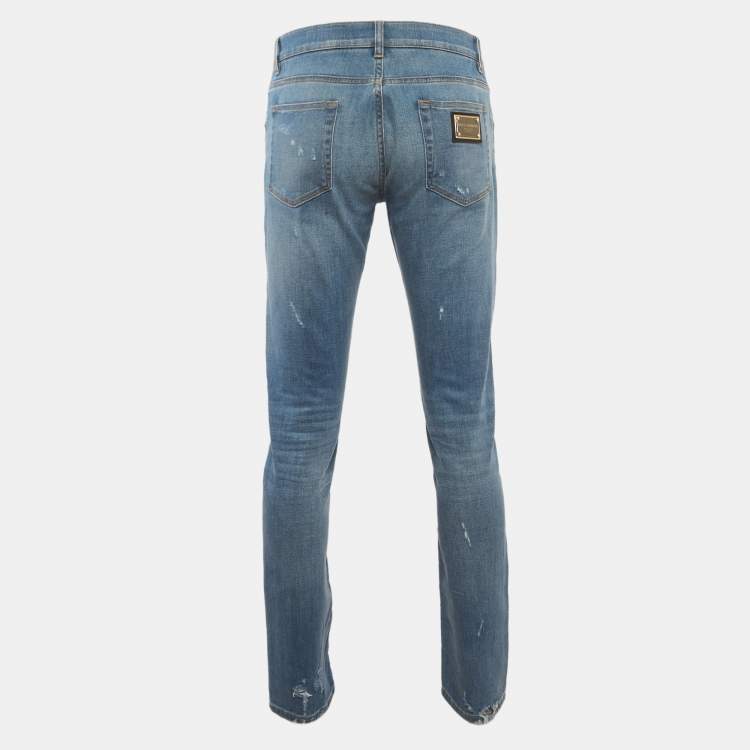 Pre Owned Dolce & Gabbana Blue Denim Distressed Slim Fit Jeans M/Waist 32"