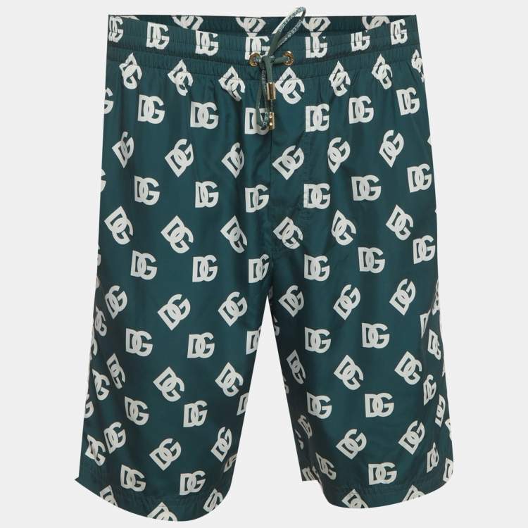 Pre Owned Dolce & Gabbana Green DG Monogram Print Synthetic Swim Shorts L