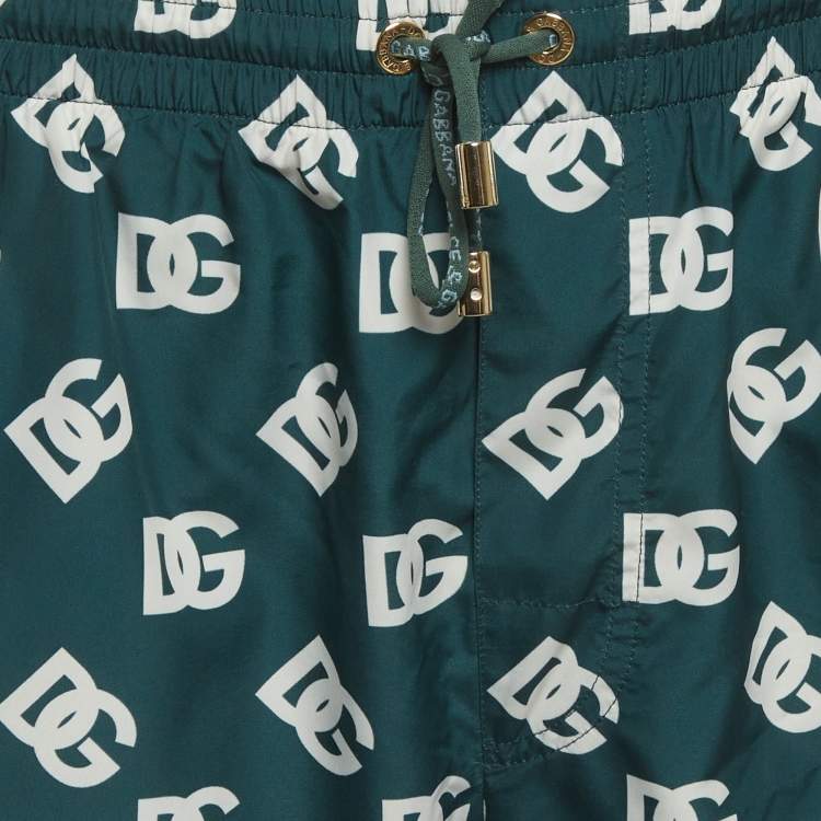 Pre Owned Dolce & Gabbana Green DG Monogram Print Synthetic Swim Shorts L