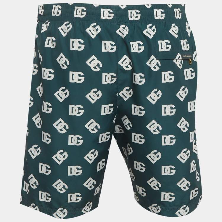 Pre Owned Dolce & Gabbana Green DG Monogram Print Synthetic Swim Shorts L