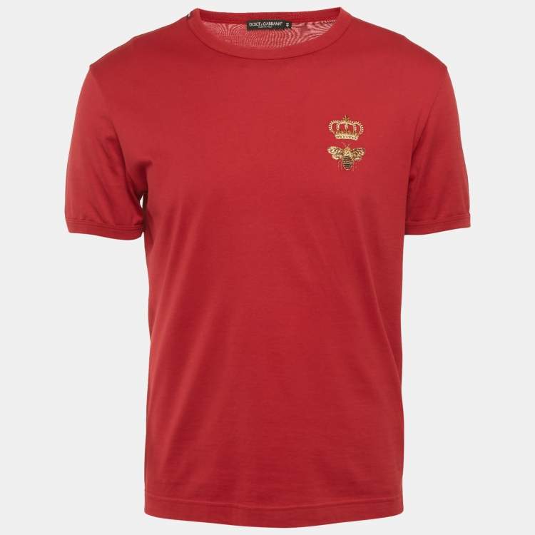Pre Owned Dolce & Gabbana Red Jersey Bee Embroidered T-Shirt M