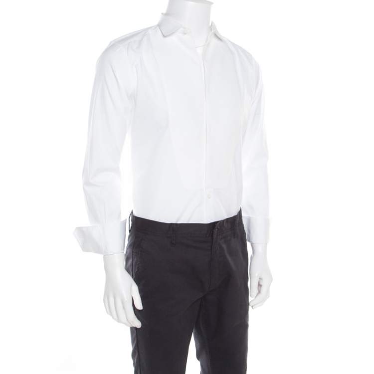 Pre Owned Dolce & Gabbana Gold Optic White Cotton Textured Bib Detail Tuxedo Shirt M
