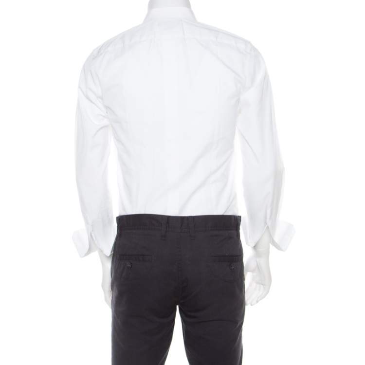 Pre Owned Dolce & Gabbana Gold Optic White Cotton Textured Bib Detail Tuxedo Shirt M