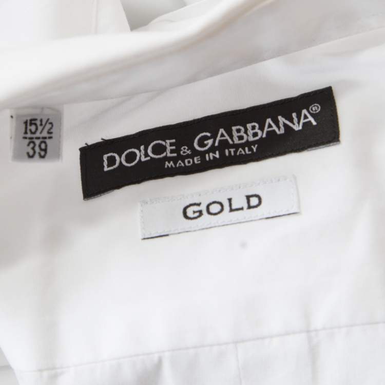 Pre Owned Dolce & Gabbana Gold Optic White Cotton Textured Bib Detail Tuxedo Shirt M