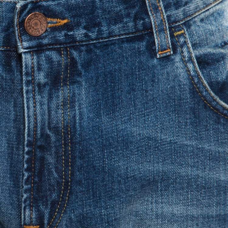 Pre Owned Dolce & Gabbana 14 Gold Indigo Light Wash Denim Distressed Straight Jeans XL 