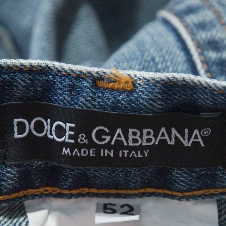 Pre Owned Dolce & Gabbana 14 Gold Indigo Light Wash Denim Distressed Straight Jeans XL 