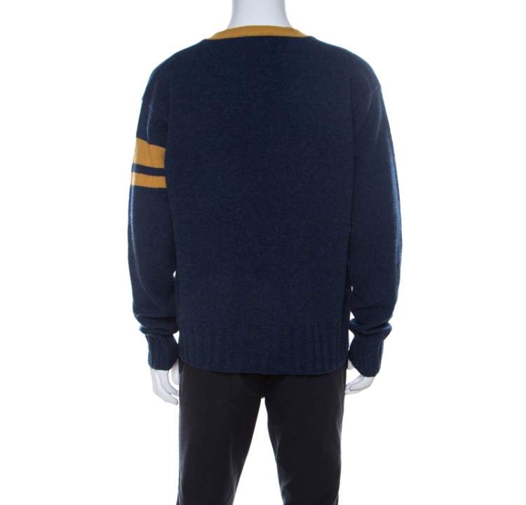 Pre Owned Dolce & Gabbana Blue Wool V-Neck Stripe Detail Cardigan XXL