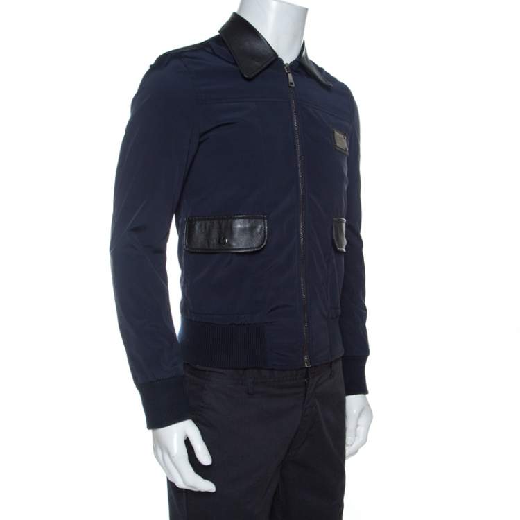 Pre Owned Dolce & Gabbana Navy Blue Leather Trim Bomber Jacket XS