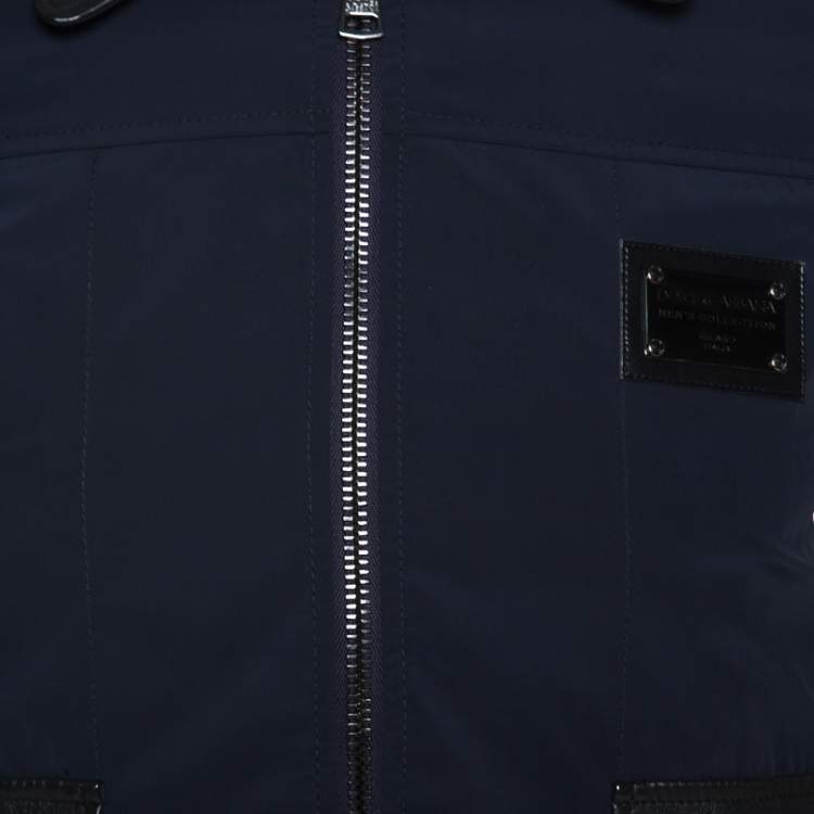 Pre Owned Dolce & Gabbana Navy Blue Leather Trim Bomber Jacket XS