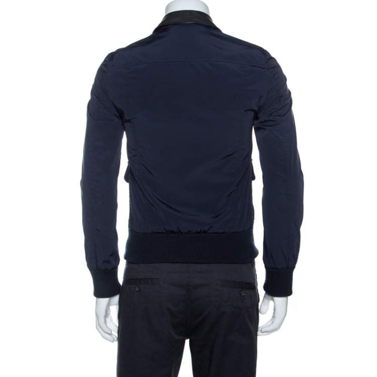 Pre Owned Dolce & Gabbana Navy Blue Leather Trim Bomber Jacket XS