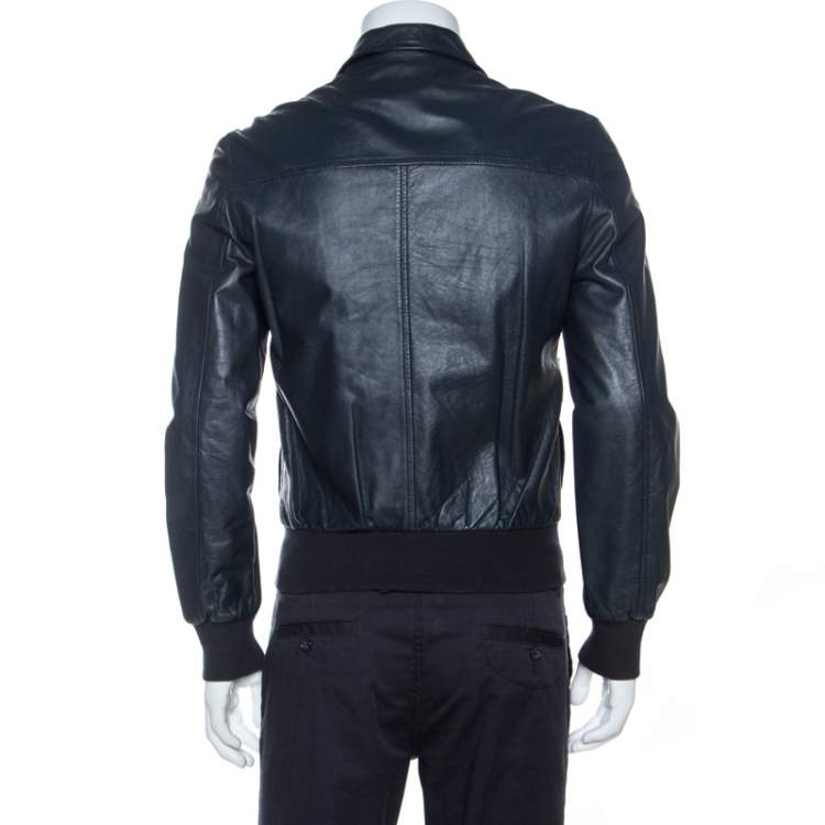 Pre Owned Dolce & Gabbana Charcoal Grey Leather Crest Detail Jacket M