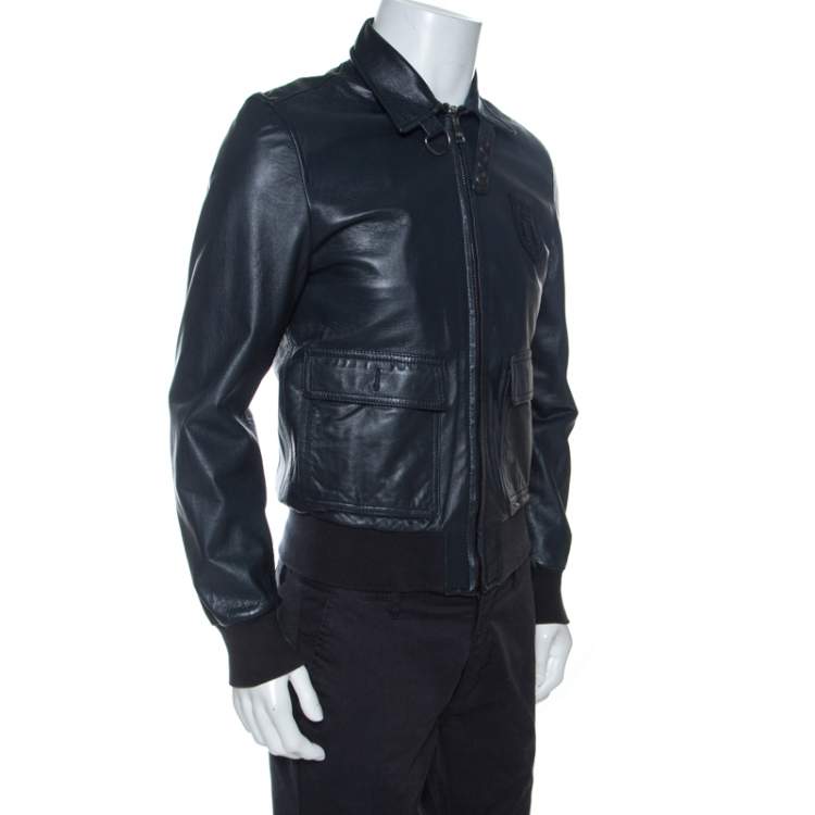 Pre Owned Dolce & Gabbana Charcoal Grey Leather Crest Detail Jacket M