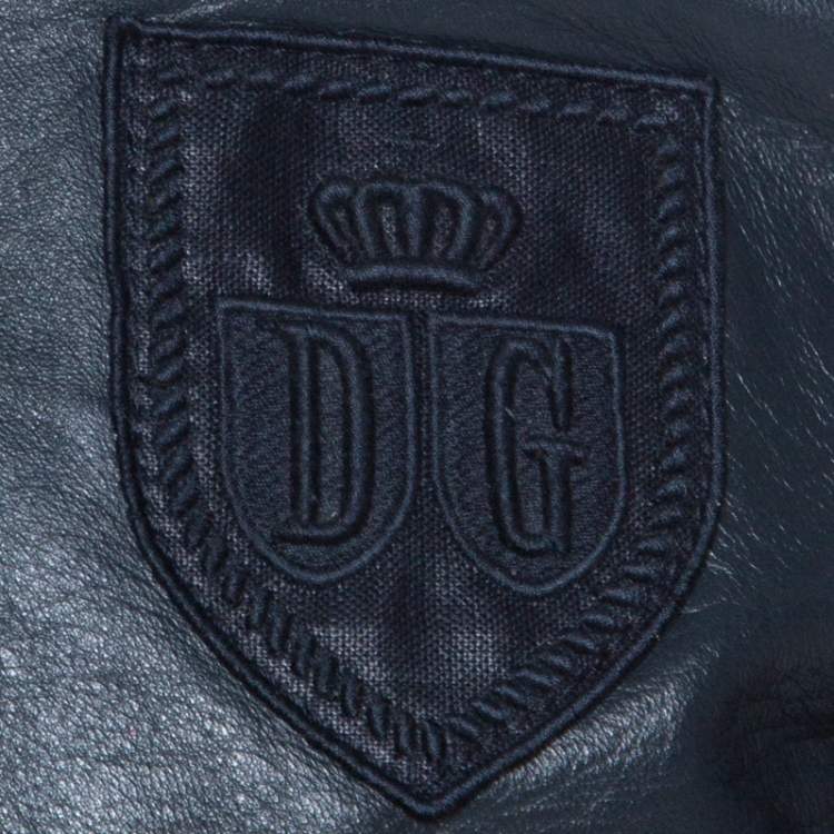 Pre Owned Dolce & Gabbana Charcoal Grey Leather Crest Detail Jacket M